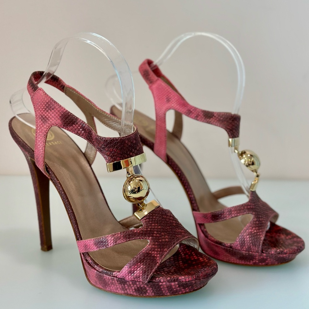AUTHENTIC VERSACE T-Strap Sandals with Ball Snakeskin Heels Pink